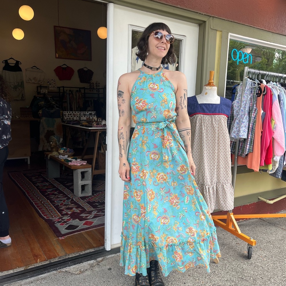 Lanz Original 70s vintage  Halter Maxi Dress - Blue and Yellow floral